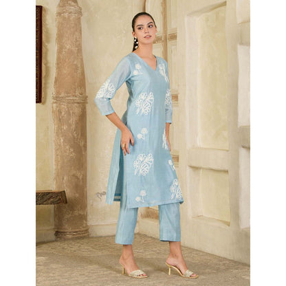 Maive Sky Blue Hand Embroidered Chanderi Kurta with Pant and Dupatta (Set of 3)