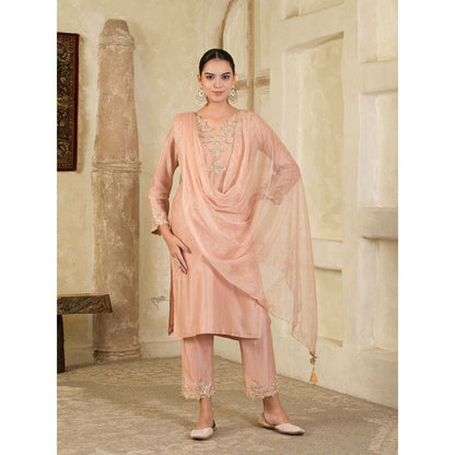 Maive Mauve Hand Embroidered Chanderi Kurta with Pant and Dupatta (Set of 3)