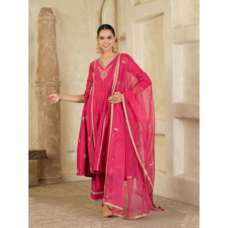 Maive Fuchsia Pink Embroidered Chanderi Anarkali with Pant and Dupatta (Set of 3)