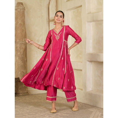 Maive Fuchsia Pink Embroidered Chanderi Anarkali with Pant and Dupatta (Set of 3)