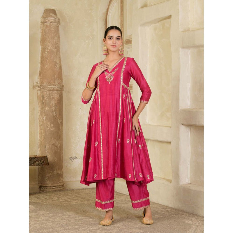 Maive Fuchsia Pink Embroidered Chanderi Anarkali with Pant and Dupatta (Set of 3)