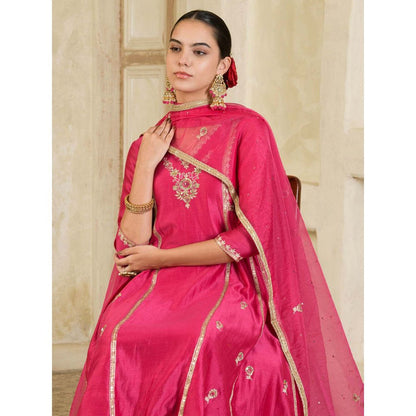 Maive Fuchsia Pink Embroidered Chanderi Anarkali with Pant and Dupatta (Set of 3)