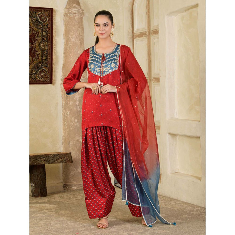 Maive Maroon Hand Embroidery Farsi Kurta with Salwar and Dupatta (Set of 3)