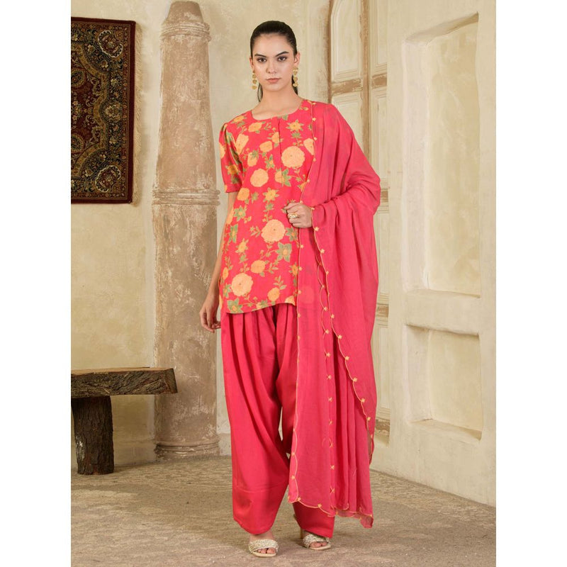 Maive Pink Floral Printed Farsi Salwar with Kurti and Dupatta (Set of 3)