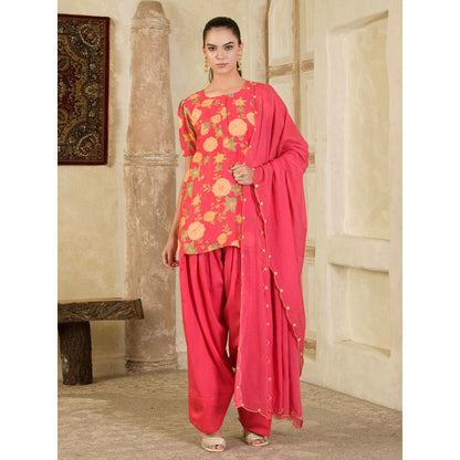 Maive Pink Floral Printed Farsi Salwar with Kurti and Dupatta (Set of 3)