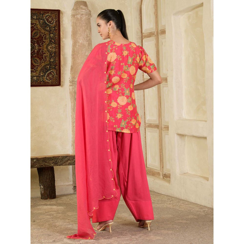 Maive Pink Floral Printed Farsi Salwar with Kurti and Dupatta (Set of 3)