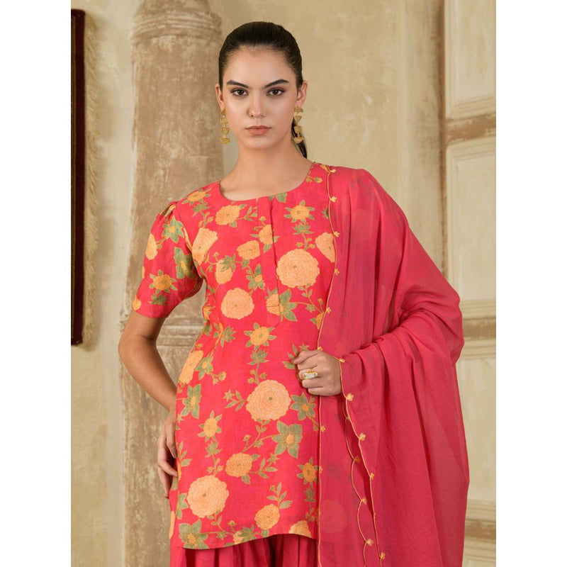Maive Pink Floral Printed Farsi Salwar with Kurti and Dupatta (Set of 3)