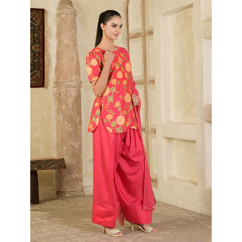 Maive Pink Floral Printed Farsi Salwar with Kurti and Dupatta (Set of 3)