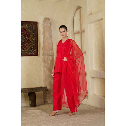 Maive Red Hand Embroidered Farsi Salwar with Kurti and Dupatta (Set of 3)