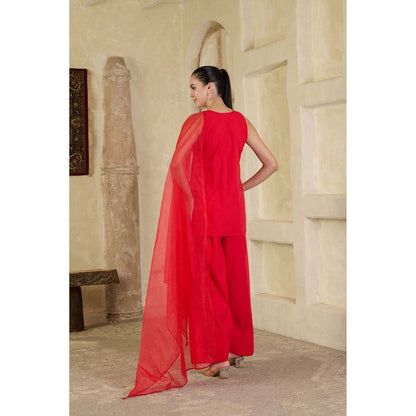 Maive Red Hand Embroidered Farsi Salwar with Kurti and Dupatta (Set of 3)