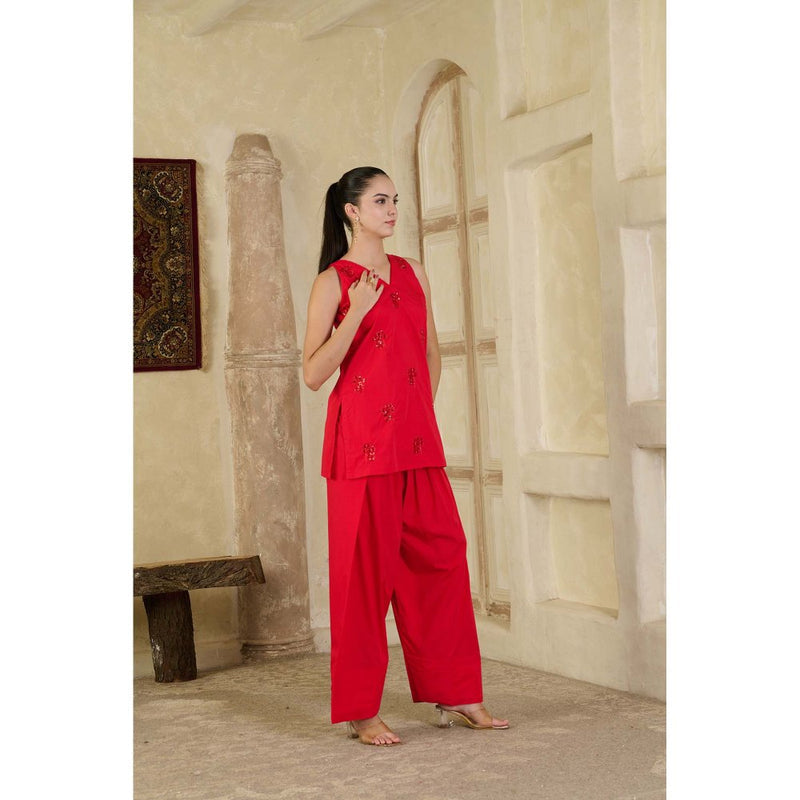 Maive Red Hand Embroidered Farsi Salwar with Kurti and Dupatta (Set of 3)