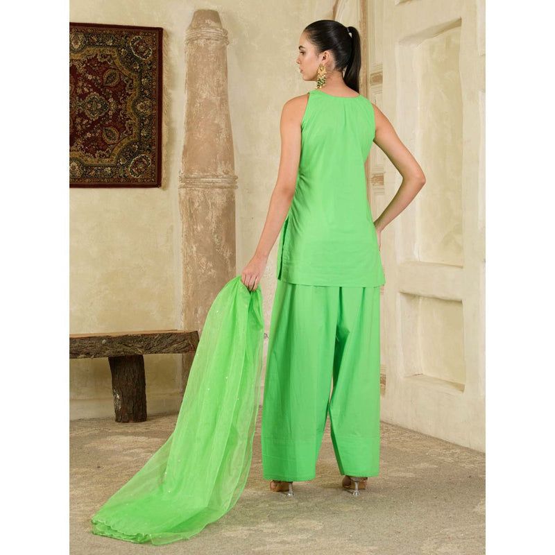 Maive Green Sequins Embroidered Farsi Salwar with Kurti and Dupatta (Set of 3)