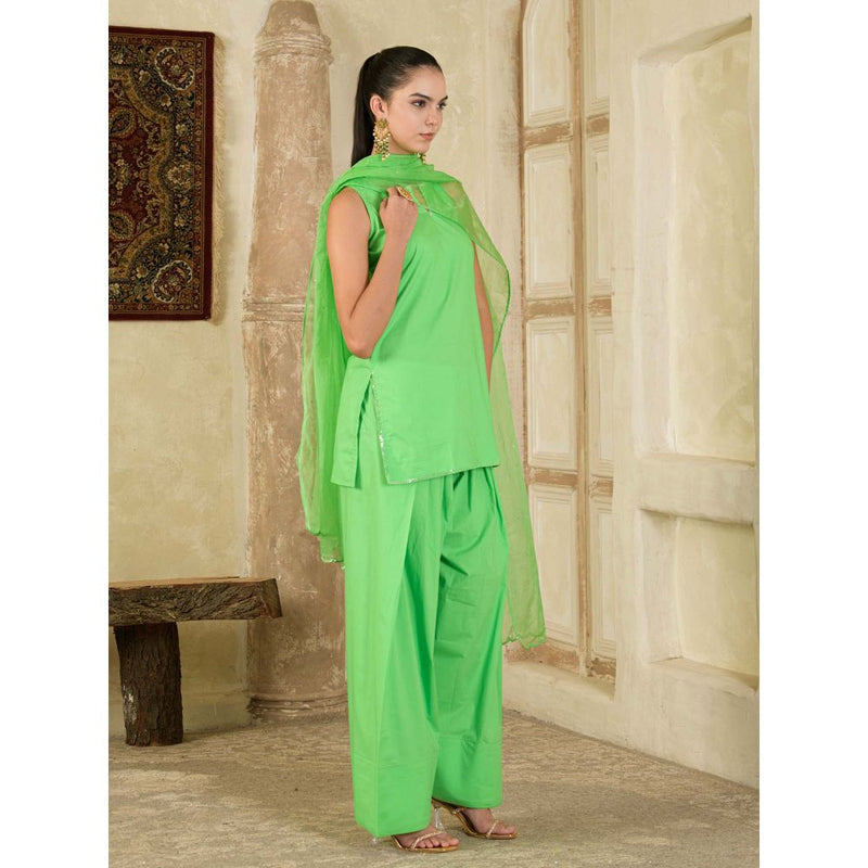 Maive Green Sequins Embroidered Farsi Salwar with Kurti and Dupatta (Set of 3)