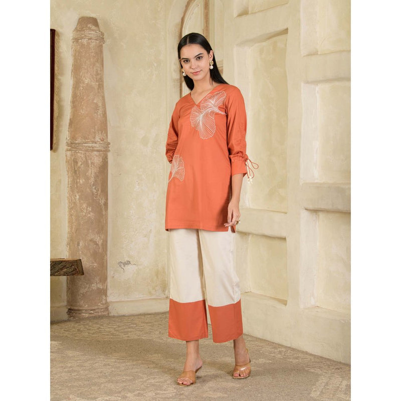 Maive Rust Hand Embroidered V-Neck Co-ord (Set of 2)