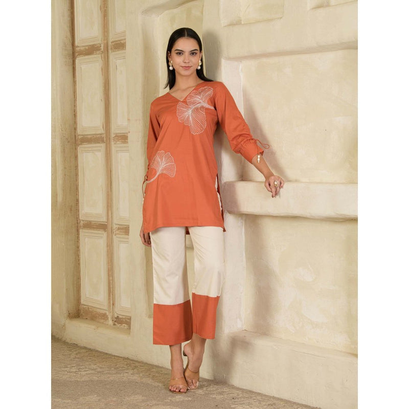 Maive Rust Hand Embroidered V-Neck Co-ord (Set of 2)
