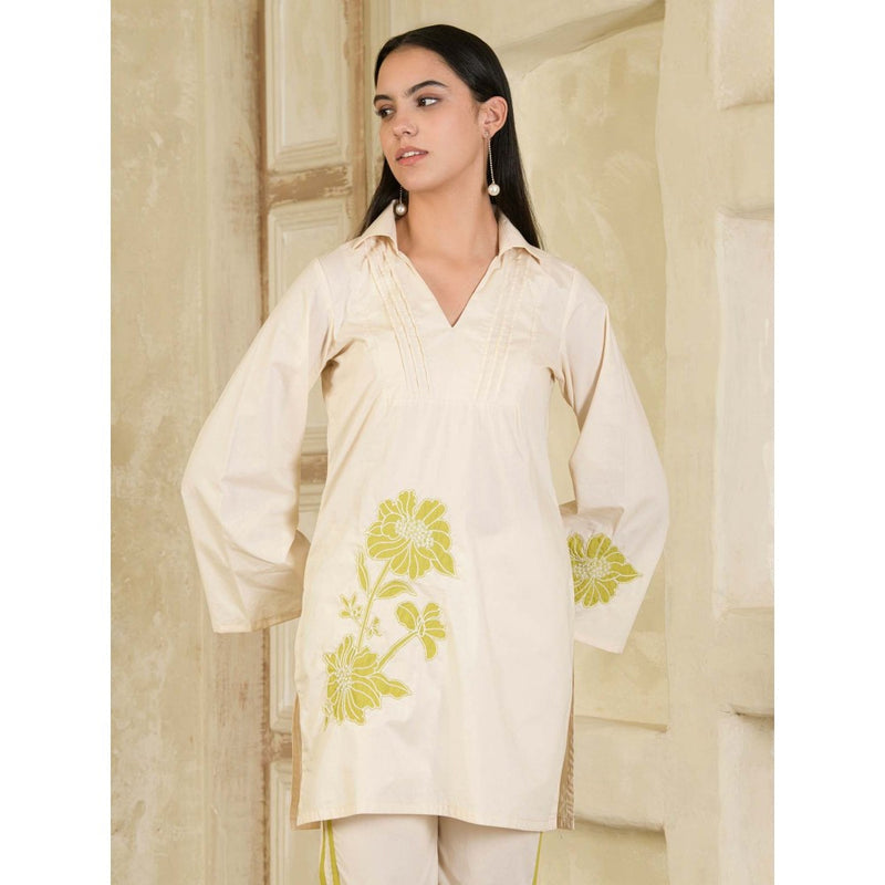 Maive Beige Hand Embroidered Collar Neck Co-Ord (Set of 2)
