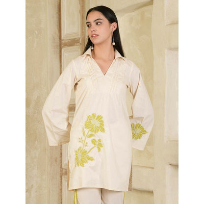 Maive Beige Hand Embroidered Collar Neck Co-Ord (Set of 2)