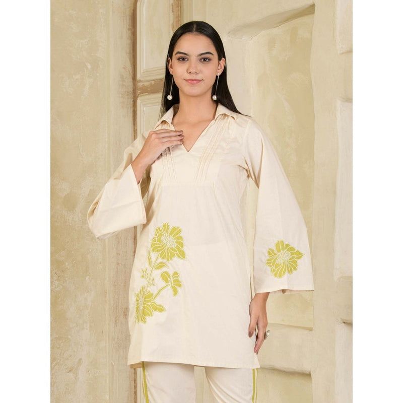 Maive Beige Hand Embroidered Collar Neck Co-Ord (Set of 2)