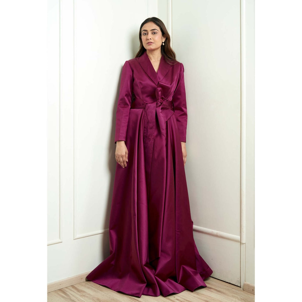 MALIKA GUPTA Wine Julia Solid Gown with Belt (Set of 2)