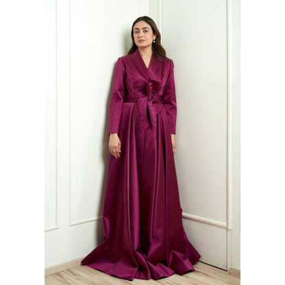 MALIKA GUPTA Wine Julia Solid Gown with Belt (Set of 2)
