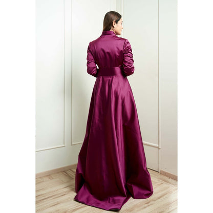 MALIKA GUPTA Wine Julia Solid Gown with Belt (Set of 2)