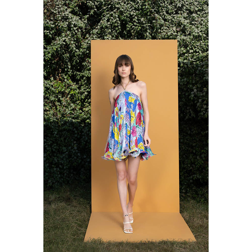 MANDIRA WIRK Hibiscus Printed Halter Neck Short Dress with Chain Detailing