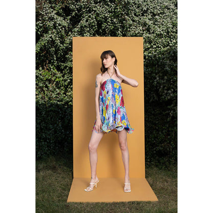 MANDIRA WIRK Hibiscus Printed Halter Neck Short Dress with Chain Detailing