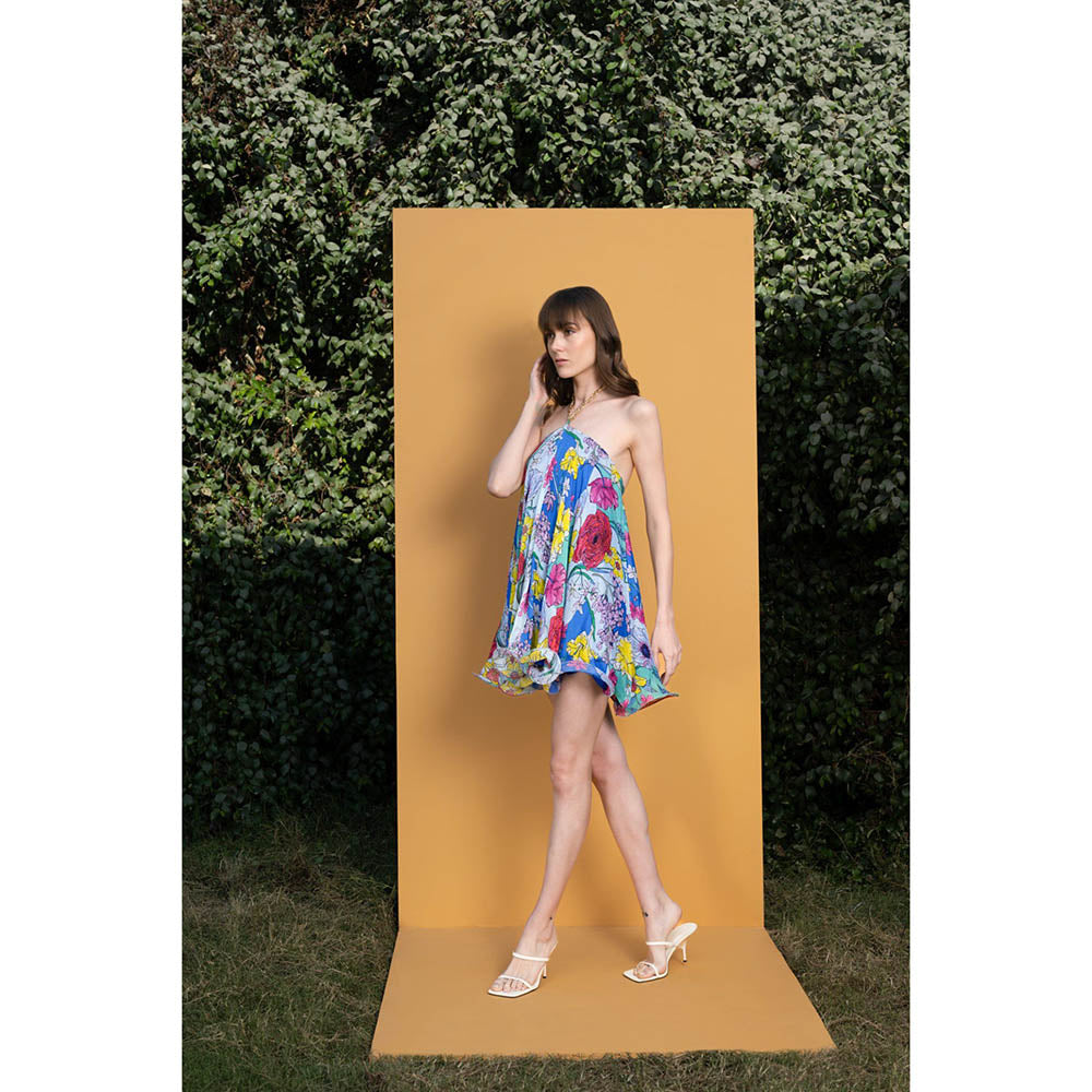 MANDIRA WIRK Hibiscus Printed Halter Neck Short Dress with Chain Detailing