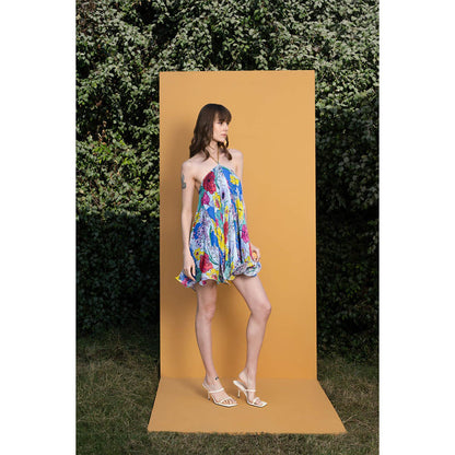 MANDIRA WIRK Hibiscus Printed Halter Neck Short Dress with Chain Detailing