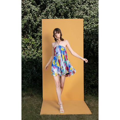 MANDIRA WIRK Hibiscus Printed Halter Neck Short Dress with Chain Detailing