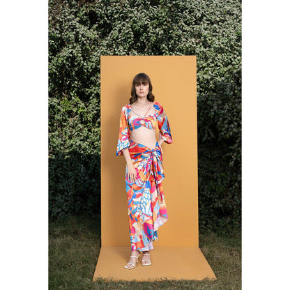 MANDIRA WIRK Pop Abstract Printed Satin Top and Wrap Skirt (Set of 2)