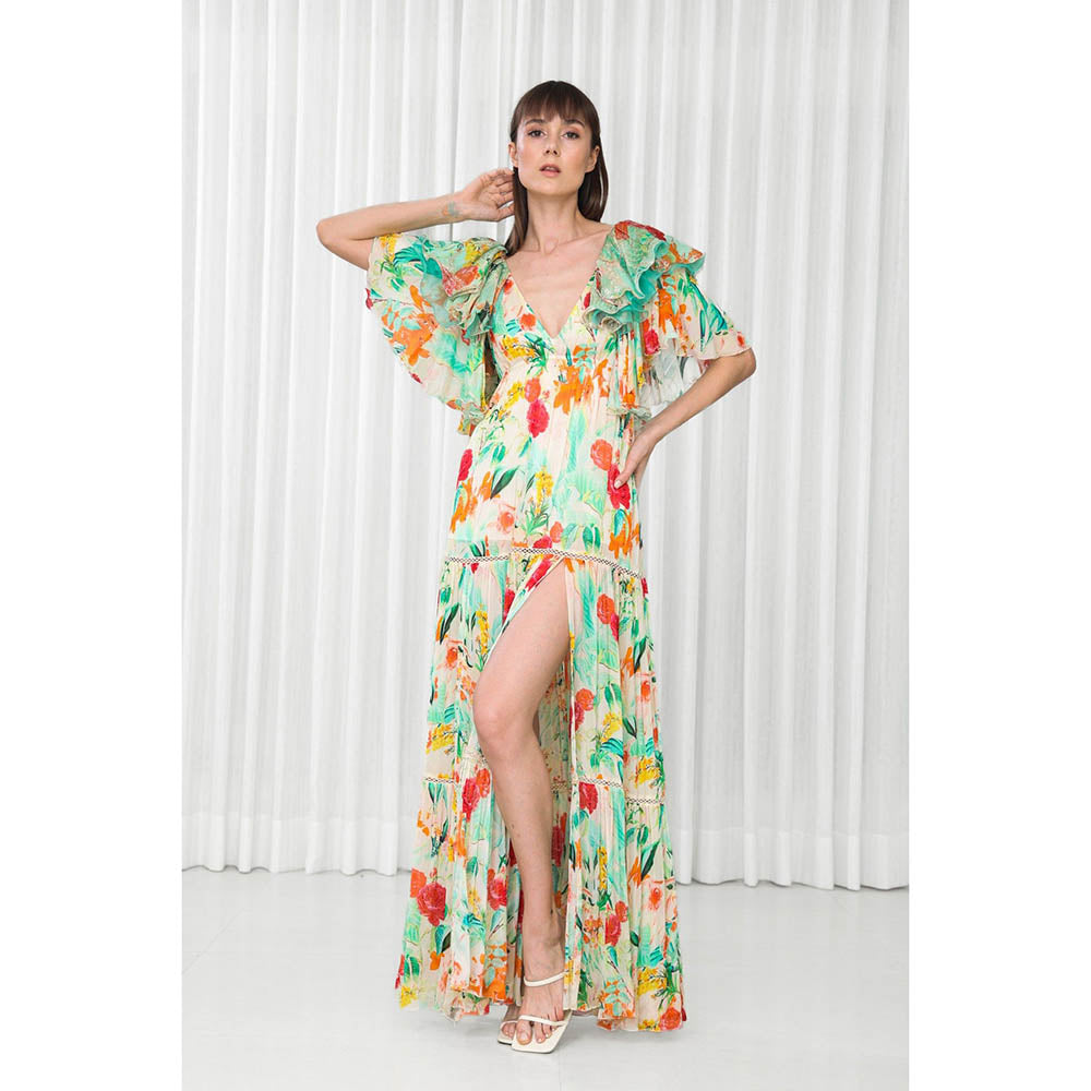 MANDIRA WIRK Dahlia Bouquet Printed Chiffon Dress