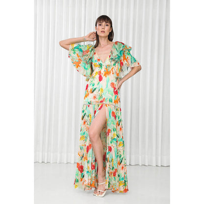 MANDIRA WIRK Dahlia Bouquet Printed Chiffon Dress