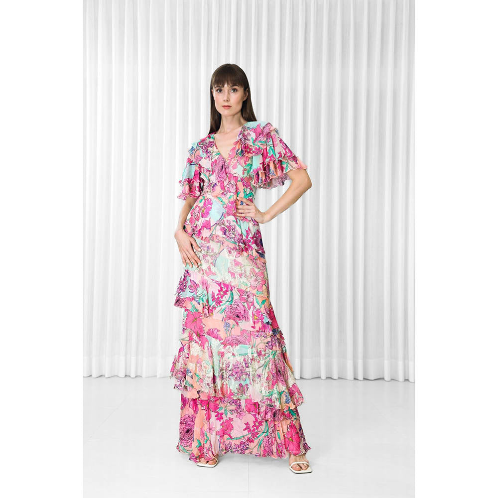 MANDIRA WIRK Hibiscus Printed Brasso and Chiffon Ruffled Dress