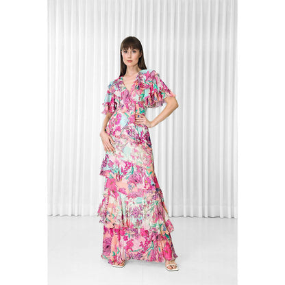 MANDIRA WIRK Hibiscus Printed Brasso and Chiffon Ruffled Dress
