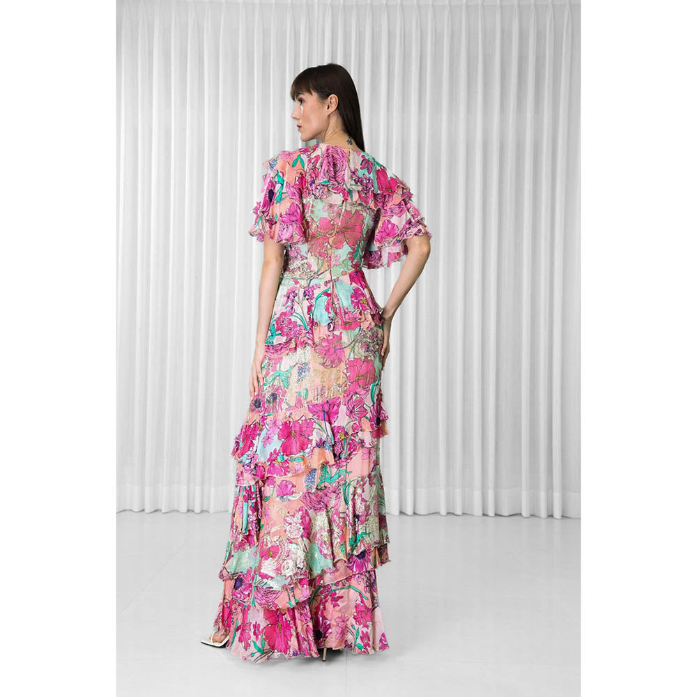 MANDIRA WIRK Hibiscus Printed Brasso and Chiffon Ruffled Dress