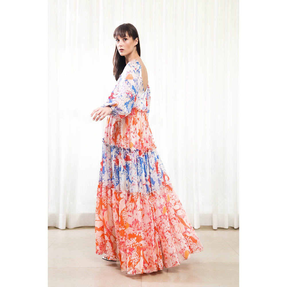 MANDIRA WIRK Blue Mist and Maple Leaves Printed Tiered Dress