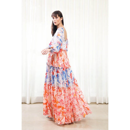 MANDIRA WIRK Blue Mist and Maple Leaves Printed Tiered Dress