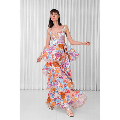 MANDIRA WIRK Hibiscus Printed Layered Dress