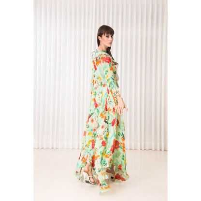 MANDIRA WIRK Dahlia Bouquet Printed High Low Dress