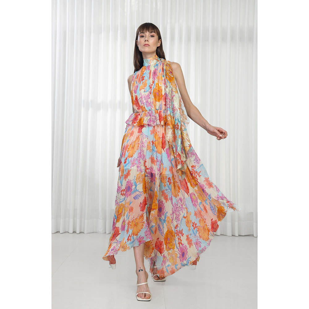 MANDIRA WIRK Hibiscus Printed Dress with High Neck Tie-Up
