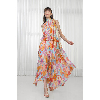 MANDIRA WIRK Hibiscus Printed Dress with High Neck Tie-Up