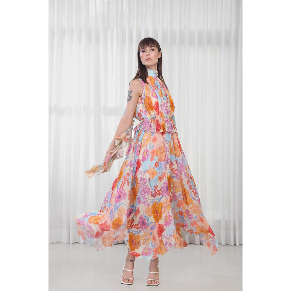 MANDIRA WIRK Hibiscus Printed Dress with High Neck Tie-Up
