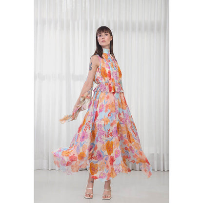 MANDIRA WIRK Hibiscus Printed Dress with High Neck Tie-Up