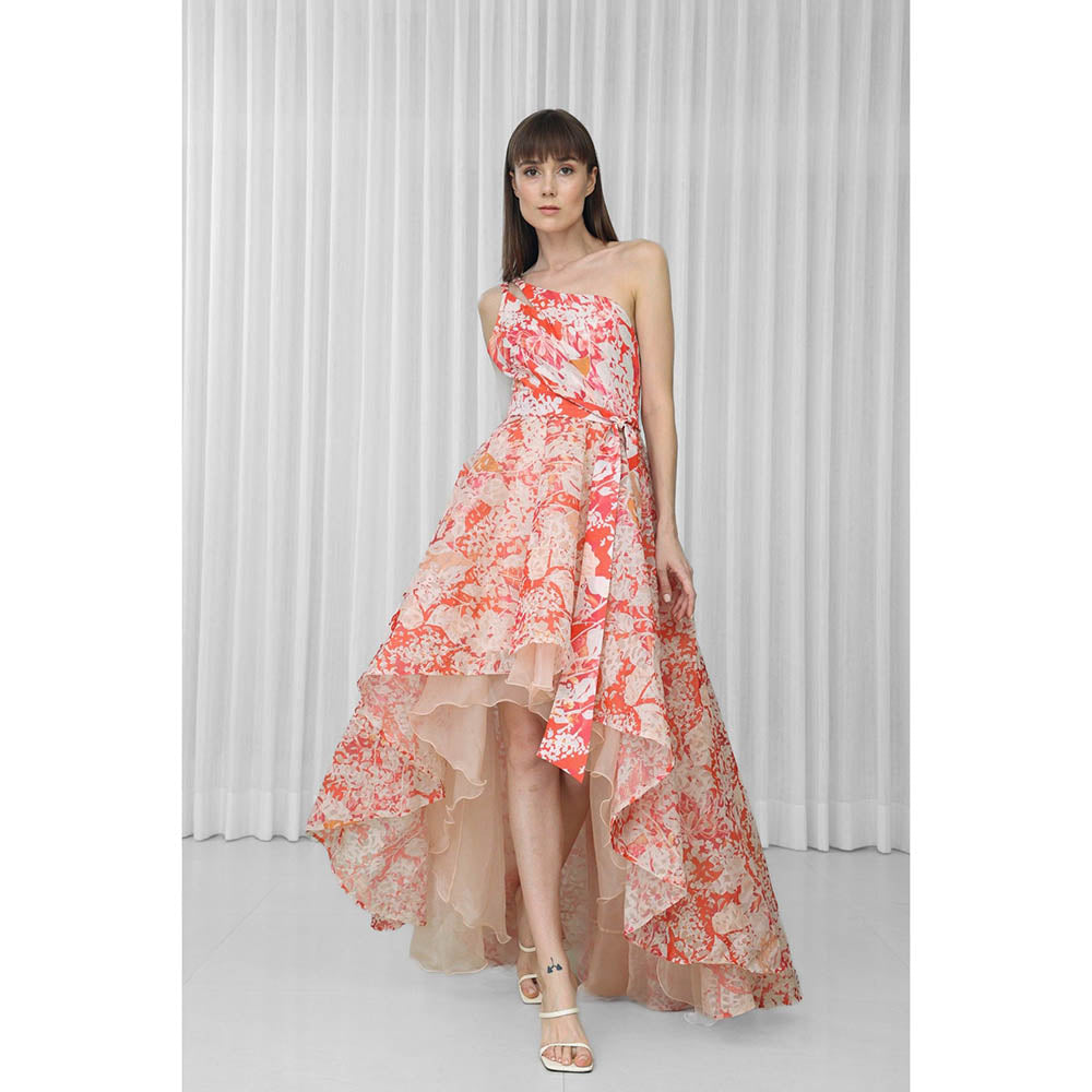 MANDIRA WIRK Maple Leaves Printed Organza Dress (Set of 2)