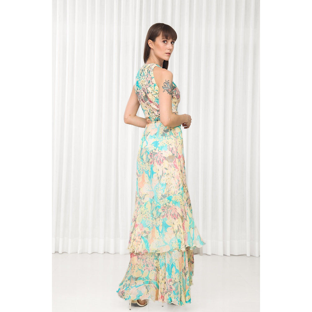 MANDIRA WIRK Tube Rose Printed High Low Dress with Belt