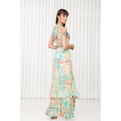 MANDIRA WIRK Tube Rose Printed High Low Dress with Belt