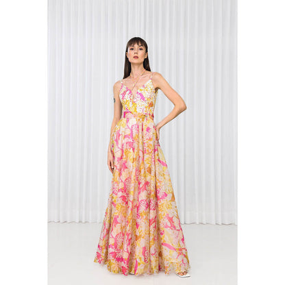 MANDIRA WIRK Dahlia Bouquet Printed Chiffon Dress in Scuba and Lazer Details