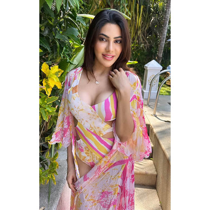 MANDIRA WIRK Orchid & Daisy Printed Bodysuit with Cape Pink (Set of 2)