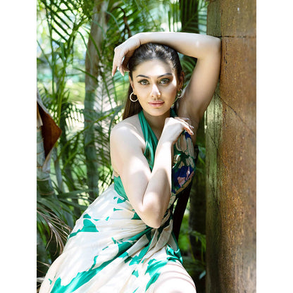MANDIRA WIRK Green Placement Printed Draped Halter Neck Dress